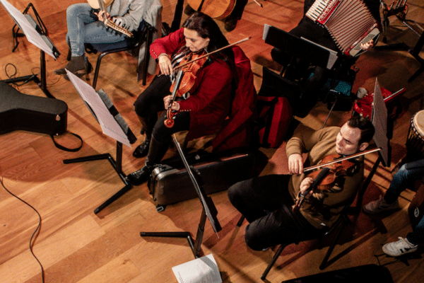 View from above of the Cafe Culture event of the musicians playing their instruments