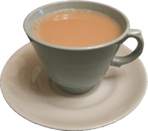 Image shows a cup of tea on a saucer