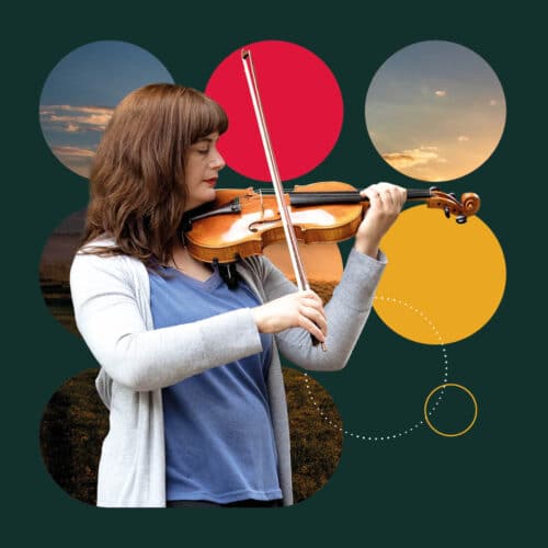 Violinist Sophie Rosa stands in front of a green background. Circular images depict the emerging light of sunrise in the morning
