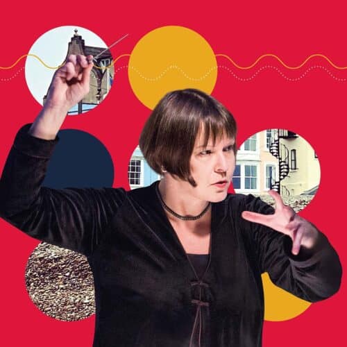 Alice Farnham is pictured as if conducting an orchestra. She is stood in front of a red background with images of Aldeburgh, Suffolk