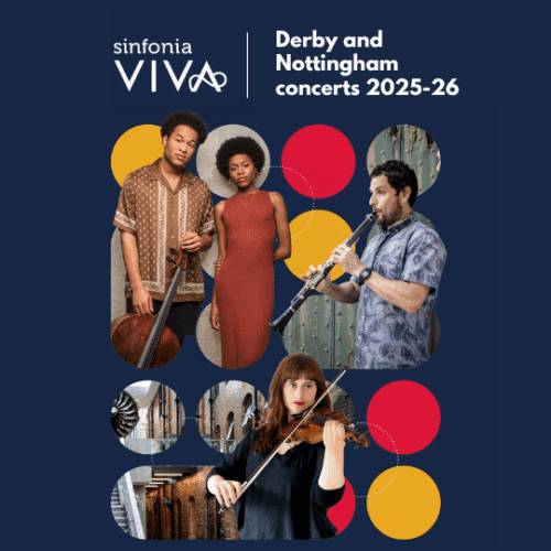 Text says Sinfonia Viva Derby and Nottingham concerts 2025-26. Image shows musicians Sheku and Isata Kanneh-Mason, Matt Dunn and Sophie Rosa.
