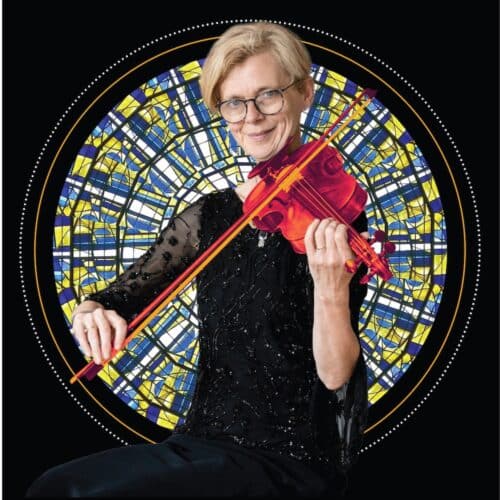 A violinist in front of a stained glass window. Text says 'Handel's Messiah'